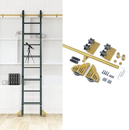 Kit de herrajes para escalera deslizante para biblioteca, 100 cm, 200 cm, 300 cm, 400 cm, 500 cm, 600 cm, rieles de escalera rodantes, rieles de escalera móviles de tubo redondo dorado con ruedas(610c