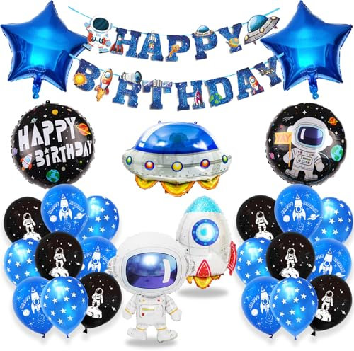 KOBOKO Weltraum Kindergeburtstag Deko Junge Set, Weltraum Deko Astronaut Folienballons, Luftballons Weltraum Geburtstag Party Deko, Rakete Luftballon Geburtstagsdeko Jungen mit Happy Birthday Girland