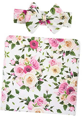 Warmhm Babyflasche Baumwoll-wickeldecke Und Stirnband Floral Bedruckt Für Neugeborene Bequeme Babyfotografie-Requisiten Wickelkleidung