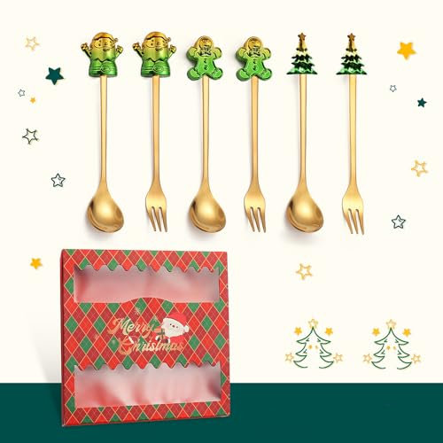 Julbländande färgglada 6-delade sked- och gaffelset Tecknad kreativ presentset Dessertsked och gaffelset i rostfritt stål /316(Set C Gift Box)