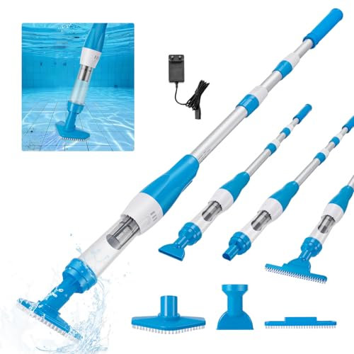 Poolsauger, 3-in-1 Wiederaufladbarer Poolsauger Akku mit Starker Saugkraft, Akku Pool Sauger mit Teleskopstange 106–165 cm, Automatischem Sensor, 3 Bürstenköpfen für Spas, Pools