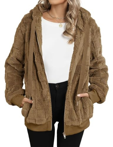 EIRUKON Giacca Donna Pile Teddy con Zip Cappotto Invernale Felpa Peluche con Cappuccio Caldo Casuale Sciolto Giacche Autunno Felpe Pelosa,Caffè,S