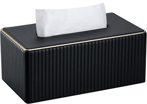 KINGFOM Taschentuchbox Kosmetiktücherbox mit Golden Edge, PU Leder Tissue Box Tücherbox, Taschentuchspender Taschentücher Box für Wohnzimmer, Badezimmer & Büro (Schwarz, Rechteckige)