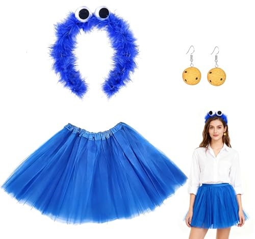 DvBCNMe 3 Stück Kostüm Für Krümelmonster, Karneval Kostüm Damen, Kekse Für Mons-ter Kostüm mit Tüllrock Blau, Ohrringe, Haarreif für Halloween, Karneval, Cosplay