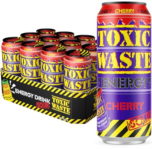 TOXIC WASTE Sour Cherry Energy Drink – 12 x 500ml Cans, Sparkling Fizz with Bold Flavour, Multipack for Gaming, Study, Parties, Road Trips and Fun Sharing
