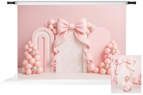 Kate Toile de fond pour fête d'anniversaire avec nœud rose et arche de ballons, accessoires de studio photo, 2,1 x 1,5 m