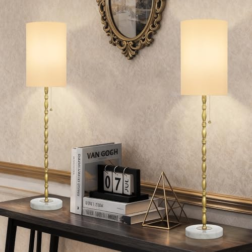 EUO 31 Buffet Lamps Set of 2 for Living Room, Tall Skinny Buffet Table Lamps with Marble Base, Gold Lamp Set of 2 for Credenza, Fireplace, Mid-Century Gold Candlestick Lamp for Bedroom