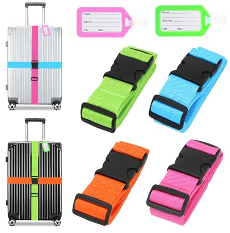 4 Stück Koffergurte, Kofferband Gurt Set mit 2 Etiketten, Verstellbare Gepäckgurte Koffer Gurtband Auffällig, Kofferbänder für Reisen Flugreise (4 Farben)