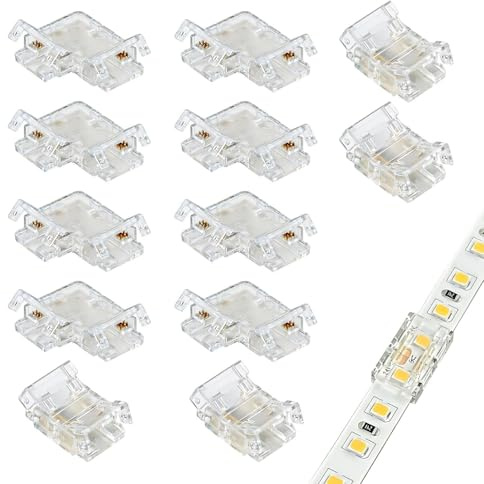 xruc 12 Piezas Conectores Tiras LED 4 Pines 10mm de Ancho, Conectores de Tira LED RGB 4 Pines 10mm, 8 UDS Conector en L y 4 UDS Recto, Adaptador 12V/24V Para Cintas RGB, Transparente y Sin Soldadura