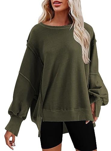 Generisk sweatshirt för kvinnor utan huva, bomull, slip-tröja, stora storlekar, fåll, pullover, långärmade toppar, oregelbunden långärmad tröja utan huva, tröjor, elegant, bekväm virkad tröja