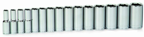 16 pc 1/2 Drive 6-Point Metric Deep Socket Set on Rail and Clips