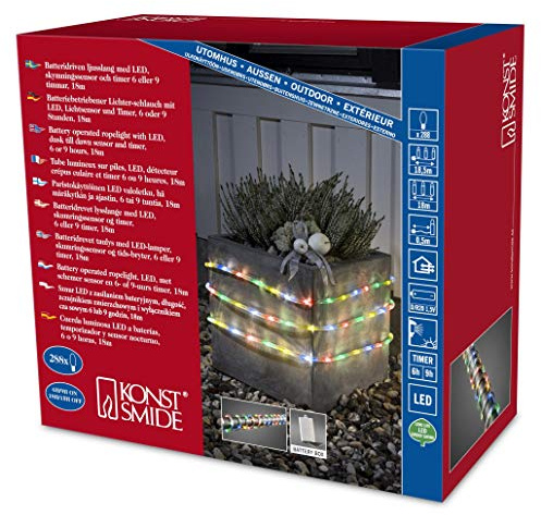 Konstsmide LED Lichterschlauch, 18m, mit Lichtsensor und 6h und 9h Timer, 288 bunte Dioden, batteriebetrieben, Außen (IP44), 4 x D 1.5V (exkl.) - 3746-500