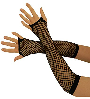 Yummy Bee - Fingerlose Netzhandschuhe - Lang Kurz - Damen Halloween Karnival 80er Kostüm (Schwarz, Lang)