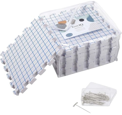 KnitIQ Blocking Mats for Knitting - Extra Thick crochet blocking board and pins with Grids Includes 100 T Pins & Storage Bag for Needlework - crochet blocking board - Interlock like jigsaw - Pack of 9