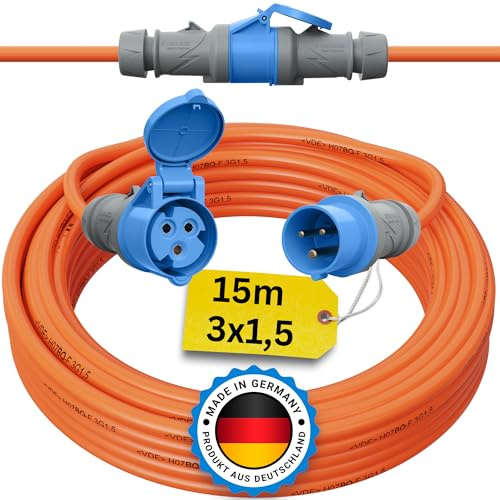 Camping Kabel 15 Meter CEE Verlängerungskabel 15m Außen H07BQ-F 3x1,5 Strom Wohnwagen Landstromanschluss Wohnmobil Caravan Orange Verlängerung Stromkabel Verlaengerungskabel Outdoor