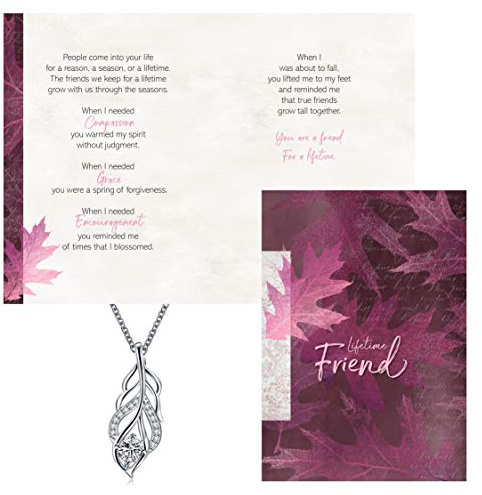 Smiling Wisdom - Friendship Greeting Card and Arched Leaf Necklace for Women - True Friends Grow Together - A Reason Season Lifetime Friend - Bestie BFF Woman - Clear Leaf