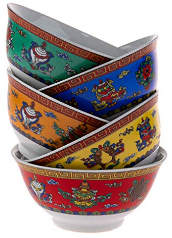 lachineuse - Série 5 Bols à Riz Asiatiques Ø 11,5 cm 275 ML - Design Les 8 Symboles Auspicieux Bouddhistes - Bols Originaux et Colorés - Traditions et Décoration Asiatiques - Idée Cadeau