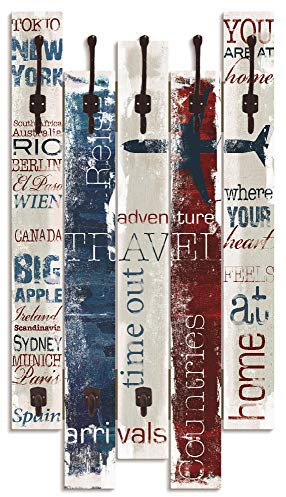 Artland Wandgarderobe Holz mit 8 Haken 63x114 cm Design Garderobe Paneel mit Motiv Landhausstil Zitat Reisen Bunt T9PC