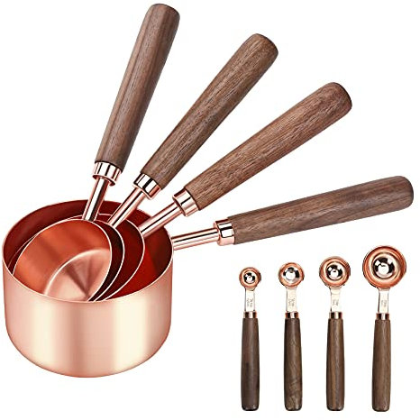 GuDoQi Messlöffel und Messbecher Set, 8 Stück, Premium Edelstahl Spiegel Poliert, 4 Holzgriff Messbecher, 4 Holzgriff Messlöffel, Perfekt für Trockene und Flüssige Zutaten Backen Küche (Roségold)