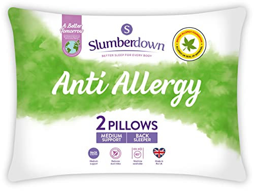 Slumberdown Anti Allergy Pillows 2 Pack - Allergy UK Approved Medium Support Back Sleeper Pillows for Allergy Sufferers | Anti Bacterial Cover, UK-Made & Washable (48 x 74cm)