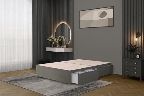 Bed Centre Flexby Divan Bed Base Only with 2 Drawers (Same Side), No Headboard - Available in 3FT, 4FT, 5FT & 6FT (3FT Single, Linen Silver Fabric)