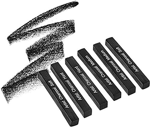 6 Pcs Woodless Vine Charcoal Sticks Square Compressed Charcoal Pencil for Drawing Sketching Artist Charcoal Sticks Assorted Soft Medium Hard for Art Student Supplies