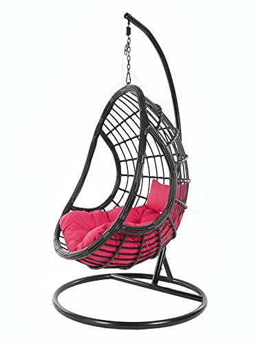 Kideo Komplettset: großer Hängesessel mit Gestell & Kissen, Korbsessel, Poly-Rattan, schwarz (Kissen: pink Chesterstepp (3333 hot pink), Korb & Gestell: schwarz)