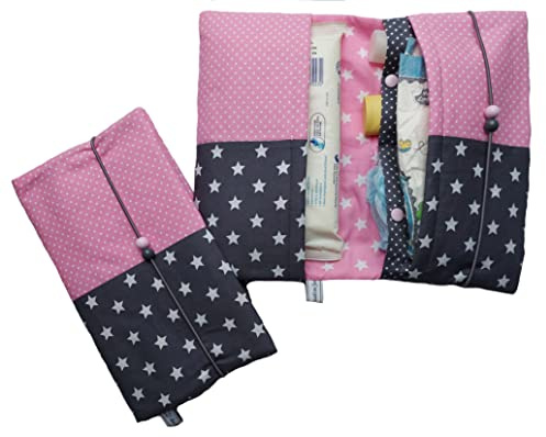 die-kreative-fee Handmade Windeltasche Stoff 4 Fächer Windelorganizer | mit Elastikkordel, geöffnet ca. 33x27 cm, ideal für unterwegs, graue Sterne und farbige Pünktchen unterteilt