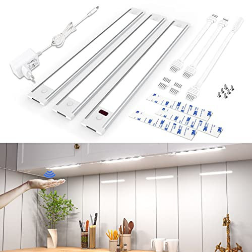 WOBSION LED Unterbauleuchte Küche Dimmbar mit Berührungsloser Sensor,Kaltweiß Unterbau Lichtleiste für Unterschrank Beleuchtung,6000k Ultra Dünn Lampe für Küchenschrank,Werkbank,30 CM×3PCS,840LM