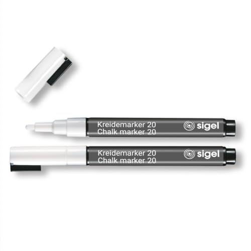 Sigel BA178 Kreidemarker weiß, Größe S, Rundspitze 1-2 mm, 2 Stück | BA178, lot de 2, effaçables, pointe 1-2 mm, blanc