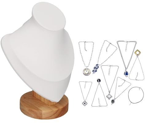 Cyrank Organizador de modelo de joyería pequeña, estante de exhibición de collar de franela 3D con base de madera, cadena colgante, modelo de joyería, soporte de busto(blanco)