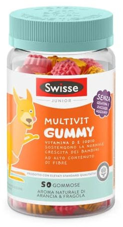 SWISSE Junior Multivit Gummy - Multivitaminico Bambini con Vitamina D per Supporto Crescita e Sviluppo Osseo, 50 Gommose con Iodio, ad Alto Contenuto di Fibre, Gusto Arancia e Fragola, Made in Italy