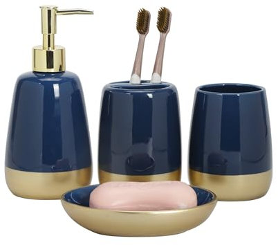 Navy Blue Gold Luxury Bathroom Accessories Set 4 Pieces,Vanity Countertop Ceramic Accessory Set for Bathroom Decor with Soap Dispenser,Toothbrush Holder, Tumbler,Soap Dish (Navy Blue)