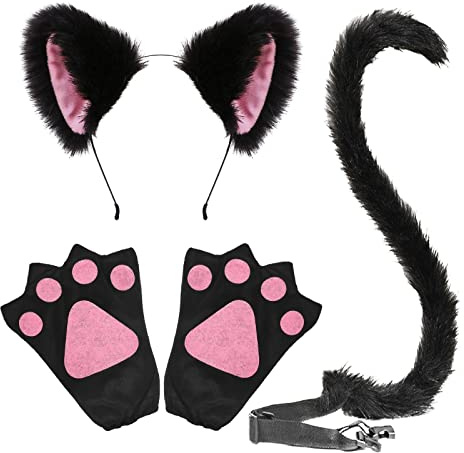 TSHAOUN 4 Stück Fuchs-Kostüm im Lieferumfang enthalten, schwarze Fuchsohren, Stirnband, künstlicher Fuchsschwanz, Fuchspfoten-Handschuhe, Tierkostüm für Kinder, Mädchen, Verkleidung, Fuchs, Cosplay, Kinder, Erwachsene, Halloween-Kostüm, Bühnenshow