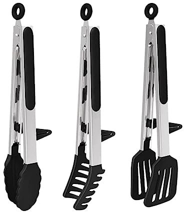 QXNDXQ 3er Grillzangenset,Spaghettizange,KüChenzange,Kochzange,Hitzebeständiger Lebensmittelzange aus Edelstahl mit Silikonspitzen für Spaghetti,Steak,Kuchen,Pizza,Salat,Gemüse,Obst,Grillbuffet