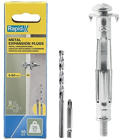 Rapid Hohlraumdübel Metall mit M4 Schraube für Gipskartonplatten 3-20 mm - Tragkraft 25 kg - Inklusive 8 mm Bohrer und PH2-Bit - Set mit 10 Dübeln für zweilagige Wände