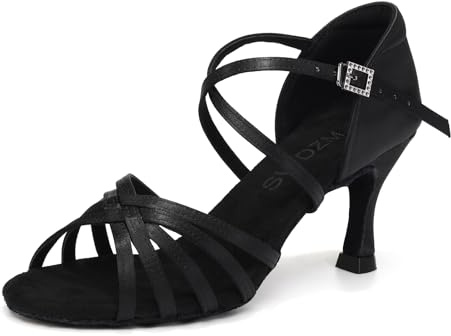 SWDZM Women's Satin Latin Dance Shoes Ballroom Salsa Waltz Performance Practice Dancing Shoes,Black,7.5 US