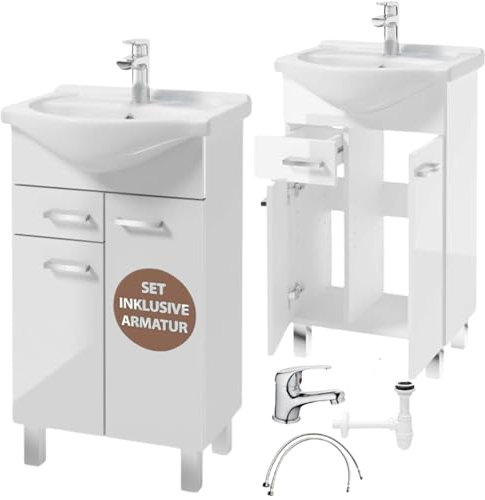 Domodomo - Mueble de baño con lavabo, 86 x 50 x 30 cm, mueble de baño de pie con cajón y armario inferior, lacado, elegante juego con lavabo de cerámica
