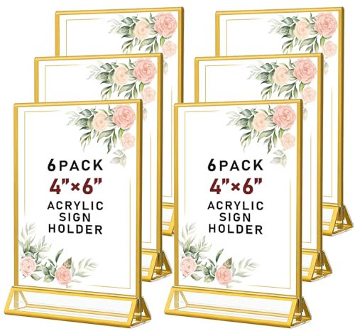 SAREAL 6er-Pack Gold-Bilderrahmen Doppelseitig, 10X15 cm klar Staffelei Tabelle steht für Zeichen, Acryl Gold Tischnummer Halter, Goldrahmen für Hochzeit Tischnummern, Menü-Halter