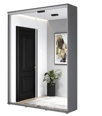 Meble Slupia - ZUZA 2 Garderobenschrank - Kleiderschrank mit Spiegel und Schiebetüren - 110x242x45cm - Kleiderstange Schrank - für Schlafzimmer, Flur - Holzwerkstoff, Anthrazit