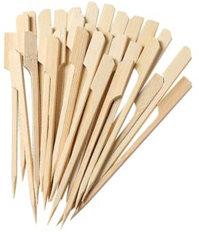 FSSTUD 100 Pcs Wooden Paddle Skewers Flat Burger Sticks Wood Barbeque Kebab Skewers Charcuterie Food Picks Wood Cocktail Toothpicks Chocolate Fountain Picks for Buffet Party 9cm