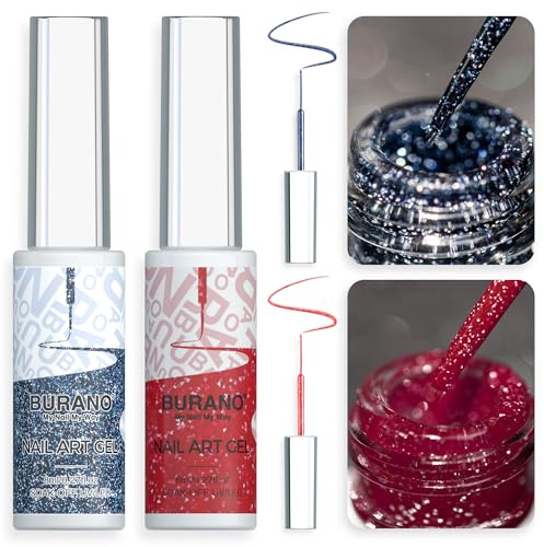 BURANO Gel Nail Polish Liner Art, Silver Gold Painted Design 2 Bottle 8ml, Built-in Thin Brush Curing Required LX22 LX31