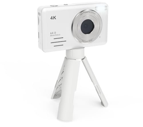 inaepeak Appareil photo numérique compact 4K 64 MP, écran LCD de 7,3 cm, zoom numérique 18x avec support, rechargeable, portable, tout-en-un pour enfants/adolescents/débutants, blanc