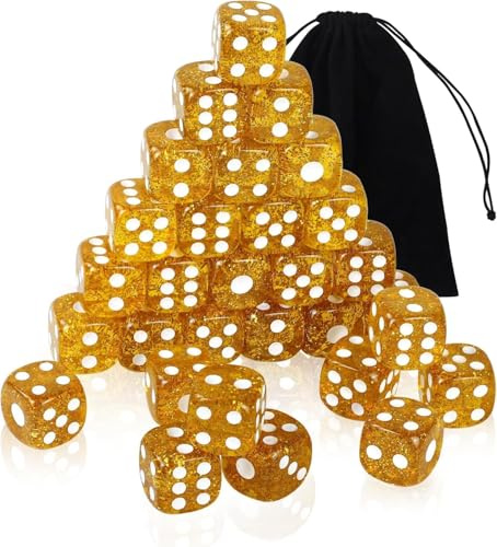 QUTHZZHY Set di 30 cubi trasparenti da 16 mm in acrilico con glitter oro, 6 lati, cubi colorati con tasche da taschino, dadi standard D6 con tasche per gioco, feste, matematica