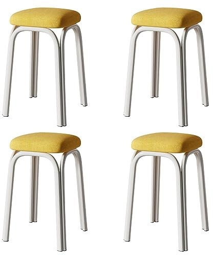 Metal Stacking Stools Set of 4 Upholstered Square Bar Stool with Non Slip Foot Mat Backless Metal Leg Portable Bar Stools for Home Kitchen Bistro Office Supports Up to 250kg Yellow