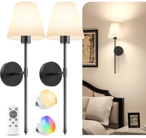 VOLISUN 60cm Rechargeable Wall Lights 2 Pack, 5200mAh Battery Powered LED Wall Lights with Remote Control, Dimmable 12 Color Wireless Wall Light for Living Room, Bedroom, Kitchen (Black)