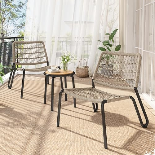 Bistroset 3-tlg. Balkonmöbel-Set aus verzinktem Stahl, handgeflochtenes Seil, Tischplatte aus Massivholz, Stühle mit einer Tragkraft von 160 kg, geeignet für Terrasse, Garten und Balkon, Beige