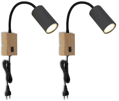 bmf-versand® Steckdosenlampe mit Schalter 2er Set - Nachtlicht Lampe Schlafzimmer - Nachttischlampe mit Schalter Wandmontage Schwarz - Leselampe Kinder Wandleuchte mit Stecker Schwanenhals GU10