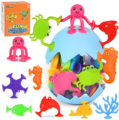 PATEMZON Saugnapf Spielzeug Kinder, 24 Stück Meerestiere Montessori Silikon Badewannenspielzeug mit Dinosauriereier Aufbewahrungs, Kinder Badespielzeug Reise Sensorik Spielzeug für Babys 3-8 Jahre