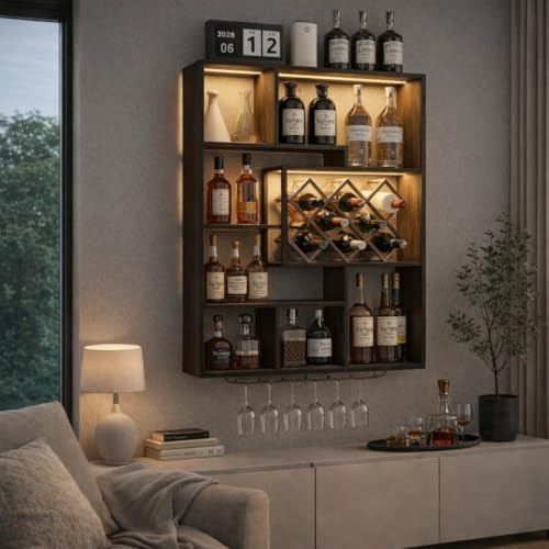 YOURLITE Étagère à Vin Mural Bar avec LED,Porte-Bouteilles Mural Industriel